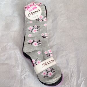 Mamia Grey Crew Socks with Pink Floral Print